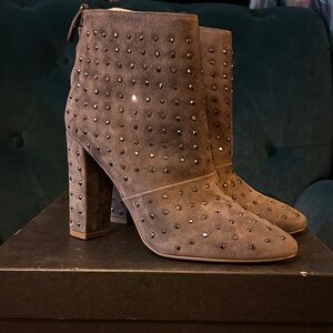 NIB J. Crew Adele Crystal Suede Studded Gray Heeled Boots